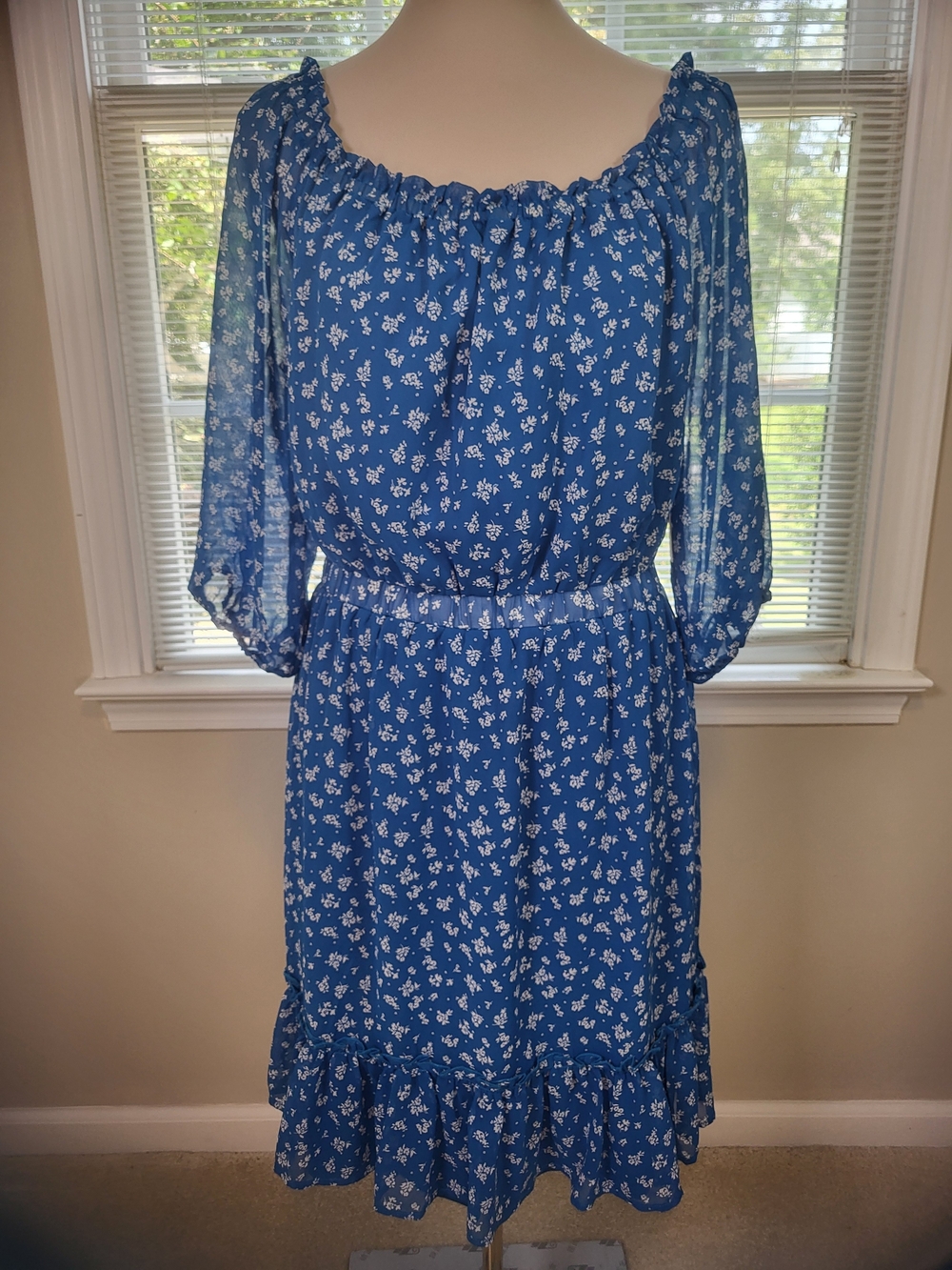 Blue Floral Long-Sleeve Smocked Waist Dress